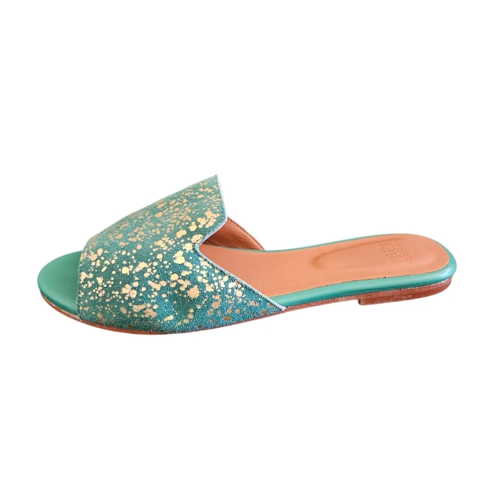Jasper & Jeera Gilded Green Suede Leather Gold Splattered Slide Sandals Size 7